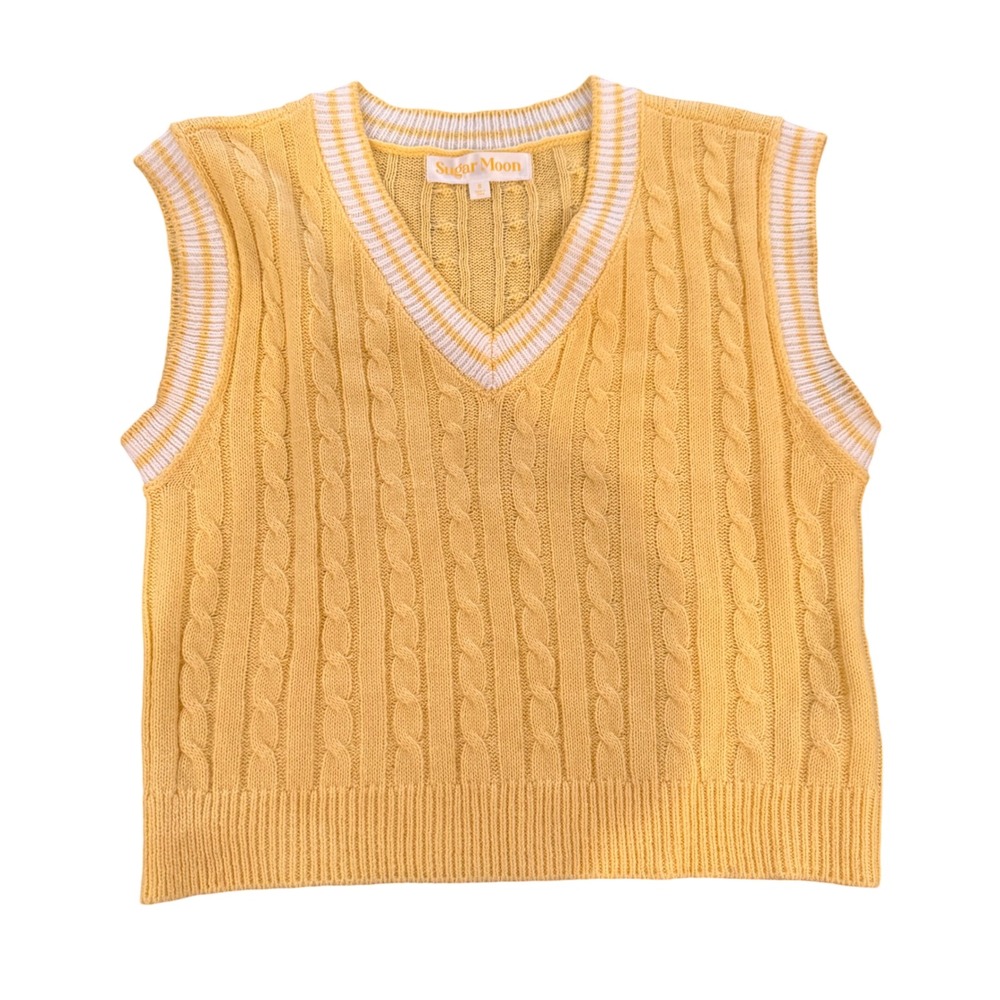 Sugar‎ Moon Butter Pastel Yellow Cable Knit Preppy Varsity Hamptons Vest Sz S